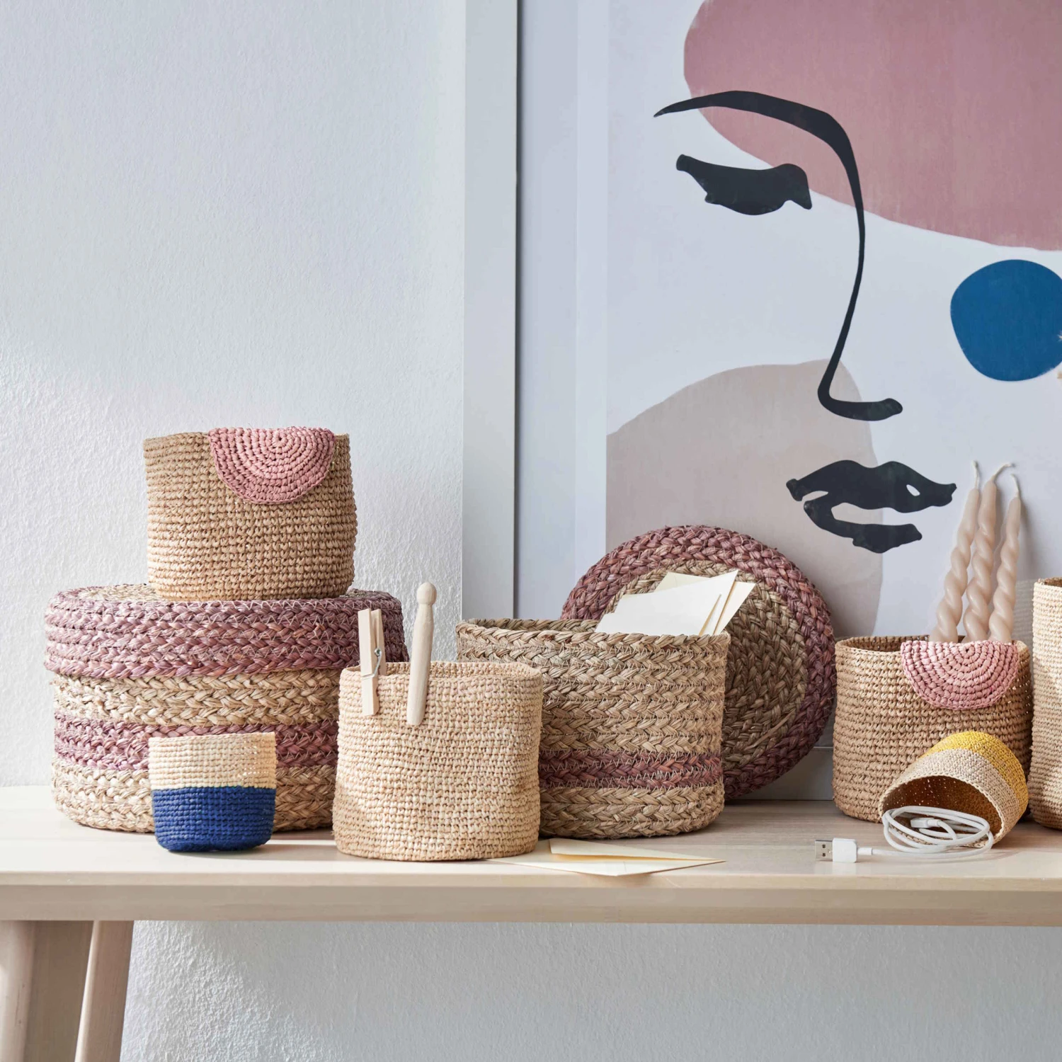 4-tlg. Korbset Handgefertigt Aus Raffia ISALO In Natur-Blau 2 4-tlg. Korbset Handgefertigt Aus Raffia ISALO In Natur-Blau - Image 2