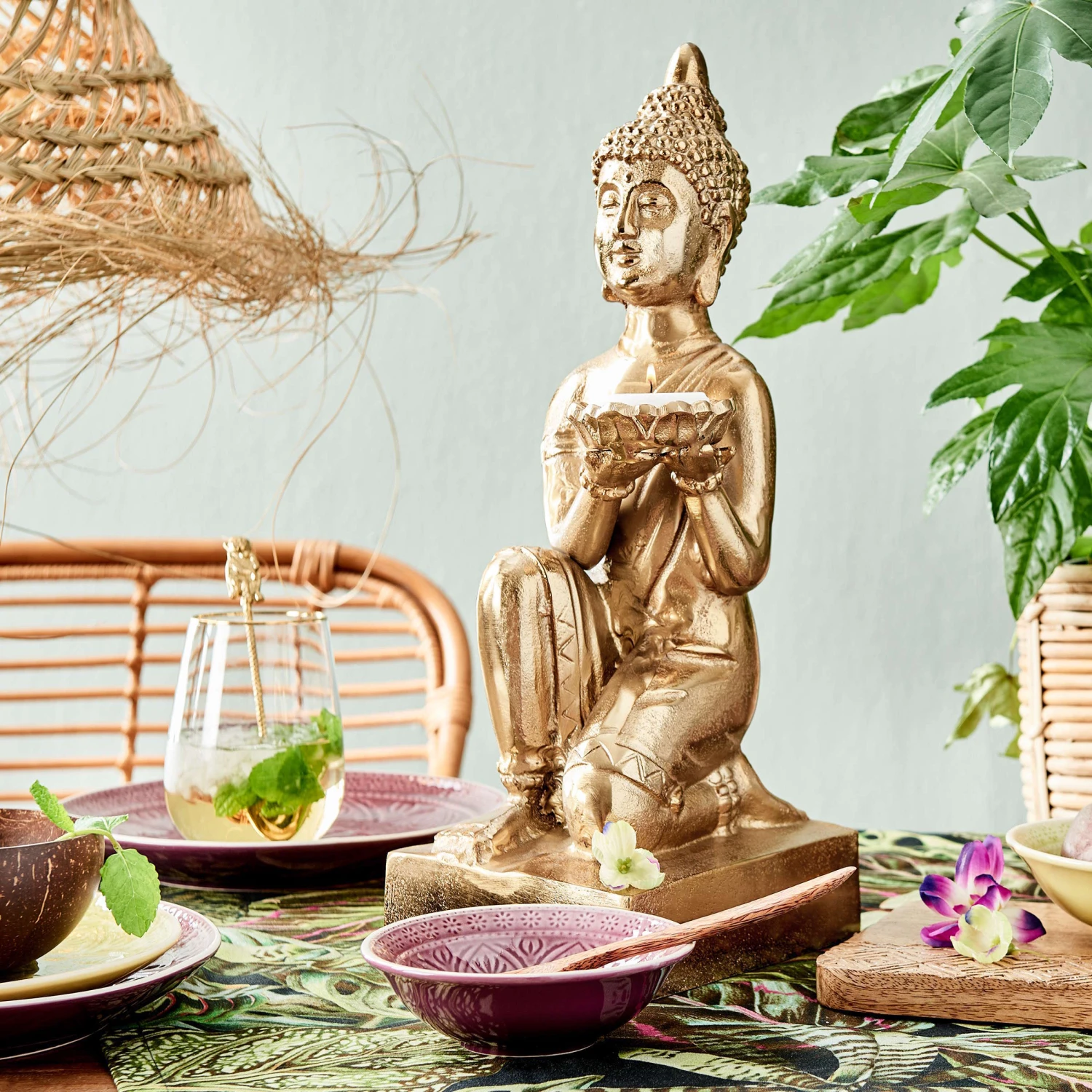 Statue Mit Kerzenteller Höhe 44cm BALI In Gold 2 Statue Mit Kerzenteller Höhe 44cm BALI In Gold - Image 2