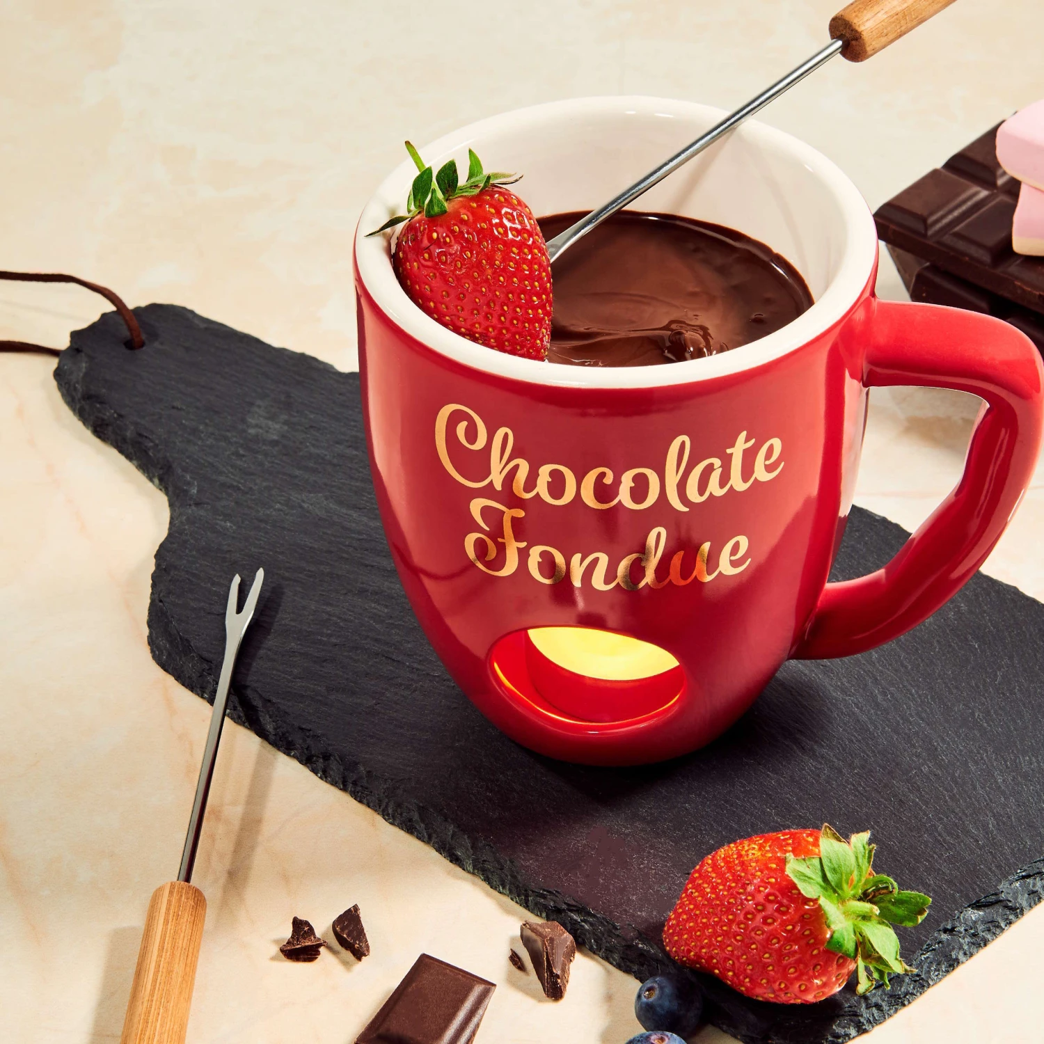 Tasse Mit 2 Gabeln CHOCOLATE FONDUE In Rot 2 Tasse Mit 2 Gabeln CHOCOLATE FONDUE In Rot - Image 2